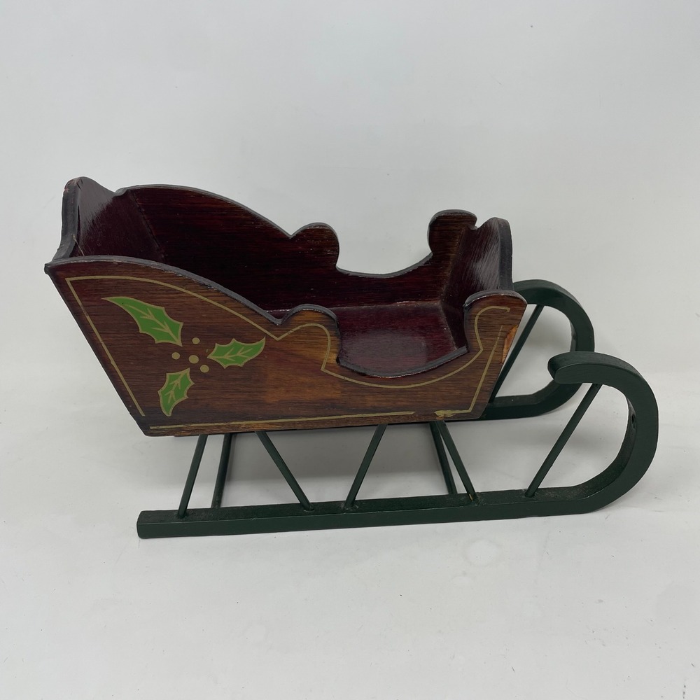 Vintage Wooden Christmas Sleigh Decoration Holly Hand Painted Red Green 10 Inch